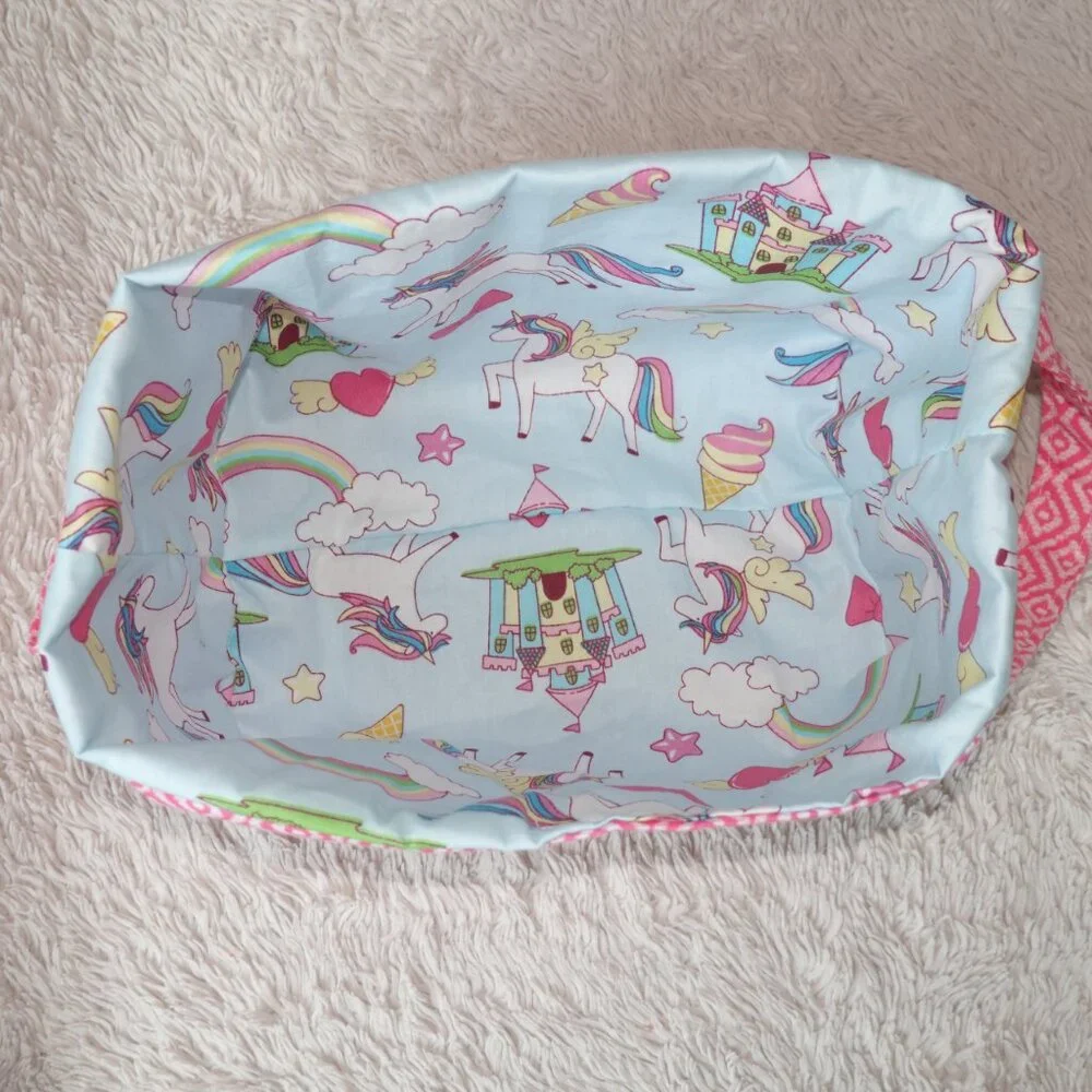 Girls Handmade Pink Rainbow Unicorn Storage Bin Basket Bag with Handles